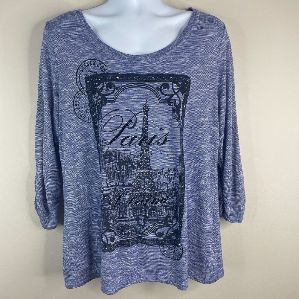 Style & Co Paris Eiffel Tower Print Top Womens XLarge‎ Studded Ruched 3/4 Sleeve